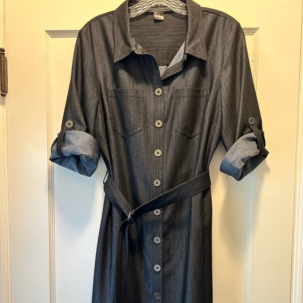 Jessica Howard Roll-Sleeve Denim Shirtdress